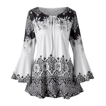 Womens Tunic Tops Plus Size 2022 Dressy Casual Summer Flare Sleeve Ethnic Retro Printing Shirts Ruffles Trendy Blouse T-shirt Clothes