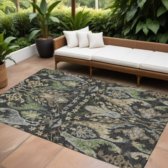 HomeRoots 605275 9 x 12 ft. Black, Green & Brown Floral Washable Indoor & Outdoor Rectangle Area Rug