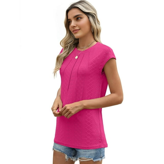T-Shirts d'Été Plissés Décontractés pour Femmes Manches Courtes Rose Rouge TG