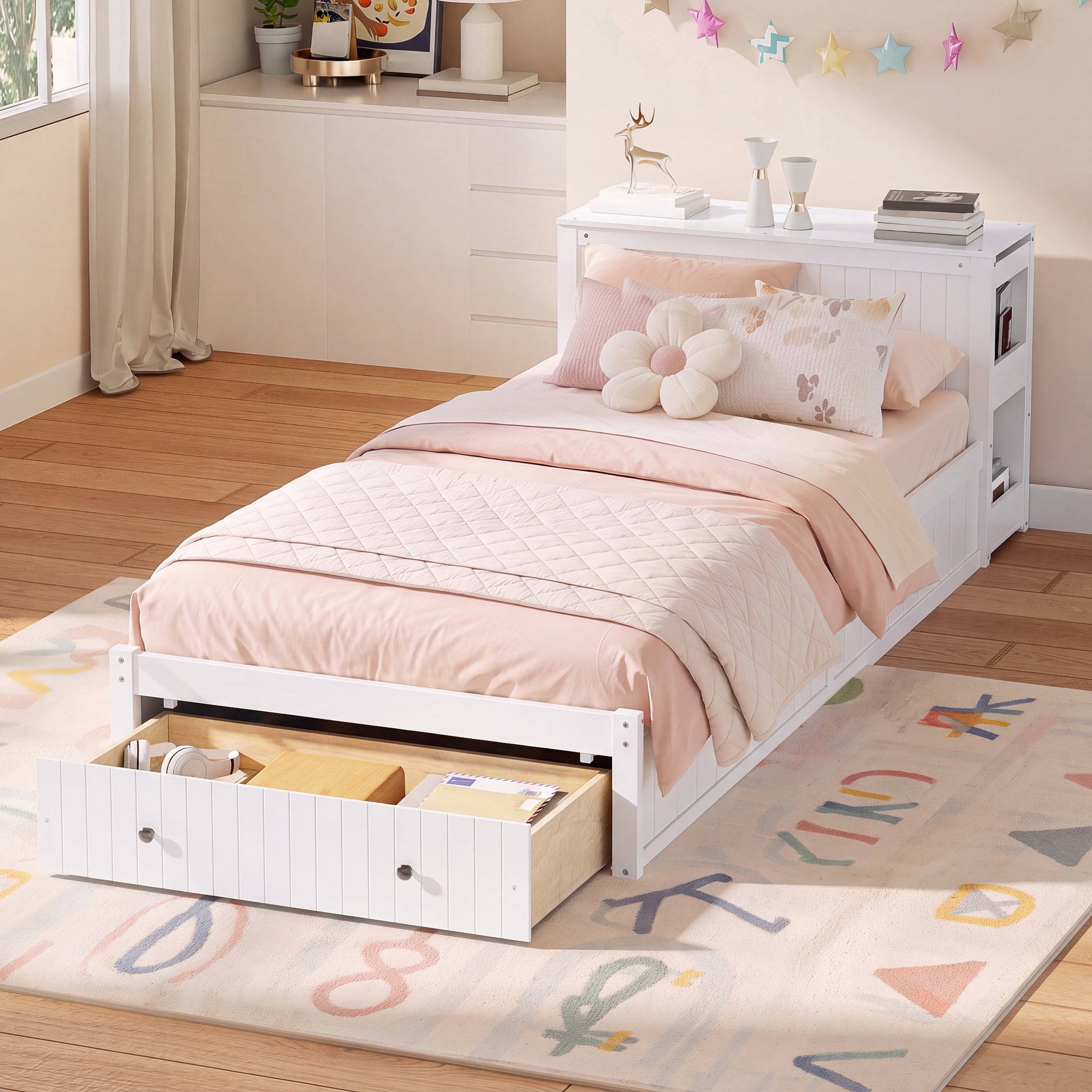 Mintazer Twin Size Platform Bed with Desk & Chair, Multifunctional Platform Bed with Storage Drawer & Side Open Shelves for Kids Teen Bedroom Apartment, White