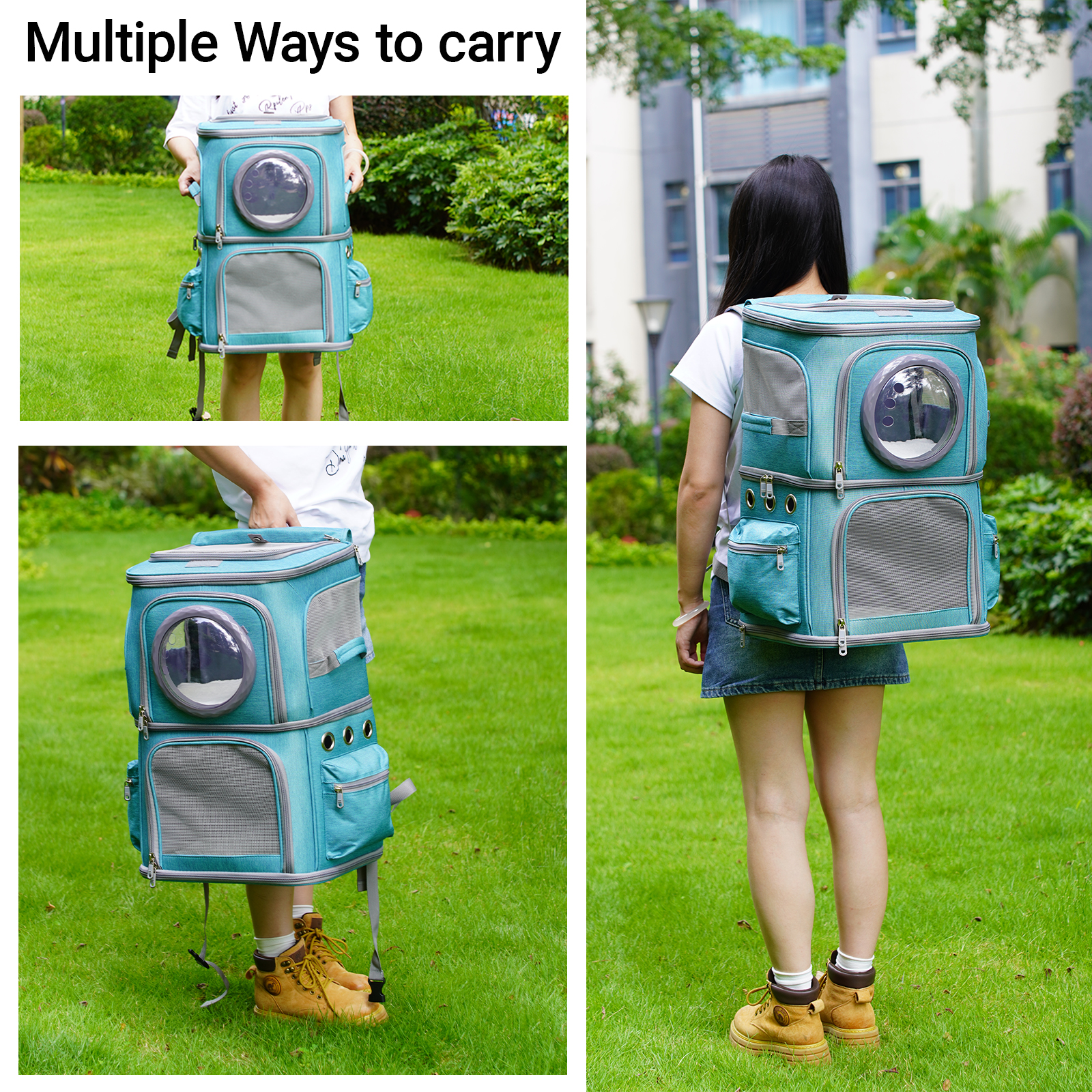 2-in-1 Pet Carrier Backpack for Two Cats or One Dog, Green Double-Layer 2 Compartment Carry Bag to Transport Small Animals Traveling and Hiking, Space Capsule Clear Bubble Dome