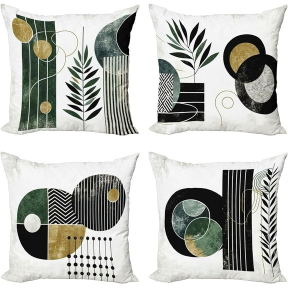 Mid Century Modern Boho Throw Pillow Cushion Cover Set of 4, Geometric Grunge Modern Shapes and Leaf Print, Decorative Accent Double-Sided Printing, 18", Hunter Green and Sand Brown