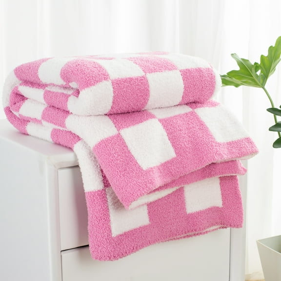 Carriediosa Checkered Throw Blanket, Soft Cozy Fuzzy Fluffy Blankets Throws for Couch, Bed, Sofa, Hot Pink, 50" x 61"