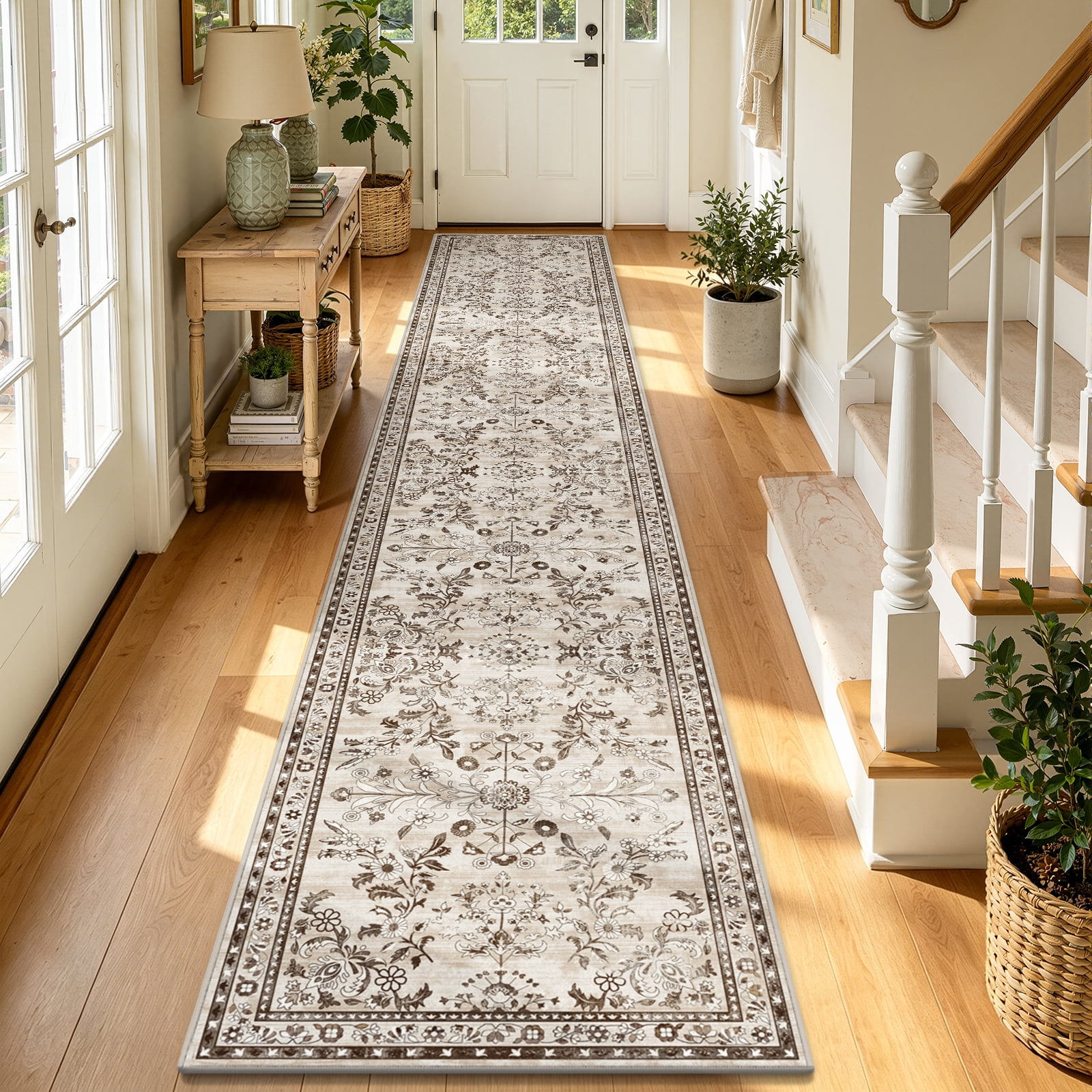 MJIAexp 2'x12' Boho Runner Rug,Non Slip Washable Floral Hallway Runner Rug with Rubber Backing, Low Pile Faux Wool Distressed Carpet for Kitchen, Laundry, Bedroom, Entrance,Brown