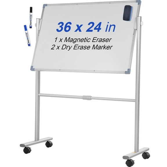 Mobile Magnetic Whiteboard, 36 x 24 Inch, Double Sided 360° Reversible Rolling Dry Erase Board, Height Adjustable Aluminum Frame with Lockable Swivel Wheels, for Office, School, Home Use