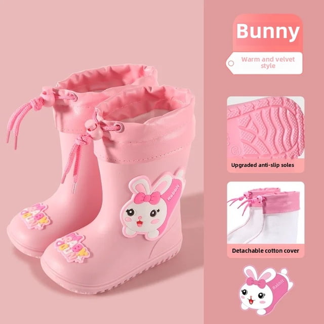 Botas de lluvia para niños, zapatos de agua antideslizantes cálidos con dibujos animados, botines de bebé de media pantorrilla extraíbles con forro polar para niños y niñas, zapatos de goma para niño