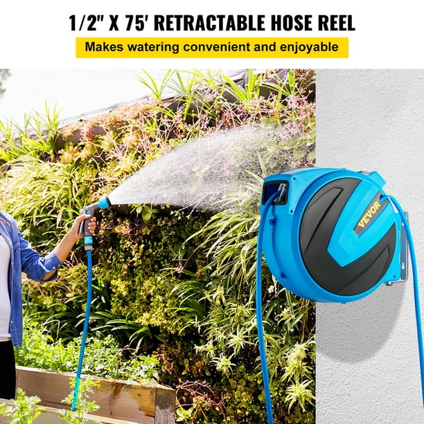 VEVOR Retractable Hose Reel, 1/2 inch x 75 ft, Any Length Lock & Automatic  Rewind Water Hose, Wall Mounted Garden Hose Reel w/ 180° Swivel Bracket and  7 Pattern Hose Nozzle, Blue 
