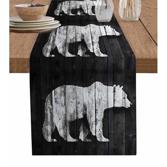 Black White Bear Table Runner 36 Inches, Farmhouse Country Rustic Wooden Grain Bed Runner Dresser Scarves Tabletop for Indoor Outdoor Parties/Ceremony/Banquet, 13"x 36"