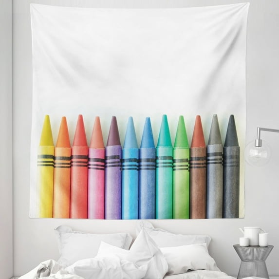 Crayon Tapestry, Close up Photo of Various Color Painting Crafts in Straight Border Themed, Fabric Wall Hanging Decor for Bedroom Living Room Dorm, 5 Sizes, Multicolor, by Ambesonne