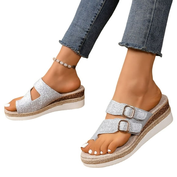 Platform Flip Flops for Women 2025 Sparkly Buckle Espadrilles Chunky Wedge Slip on Sandals Dress Slides Shoes