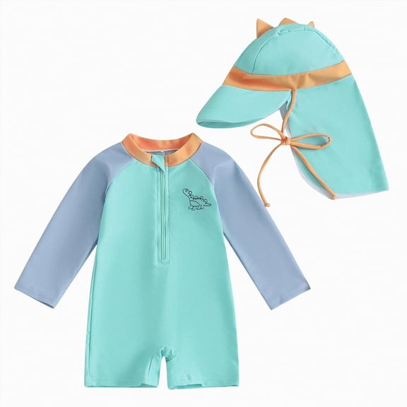 NIEWTR Toddler Baby Boy Swimsuit Kids Rash Guard Long Sleeve One Piece Bathing Suit Swimwear with Hat(A01-Green,12-18 Months)
