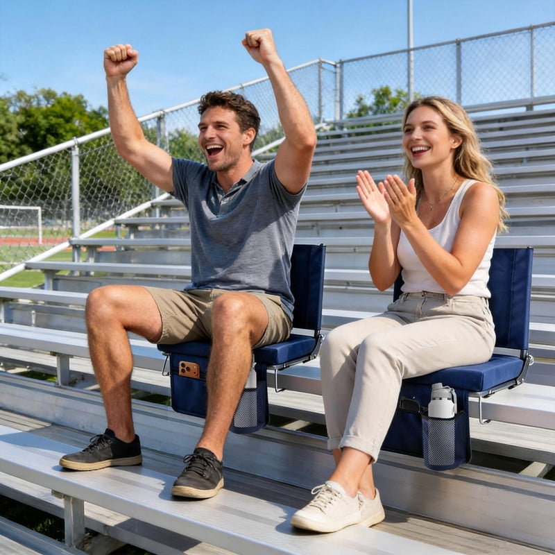 Gianna Stadium Seats Set Of 2 with Back Support, Thick Padded Folding Chair with Cup Holder and Storage Pocket for Sports Events, Navy Blue