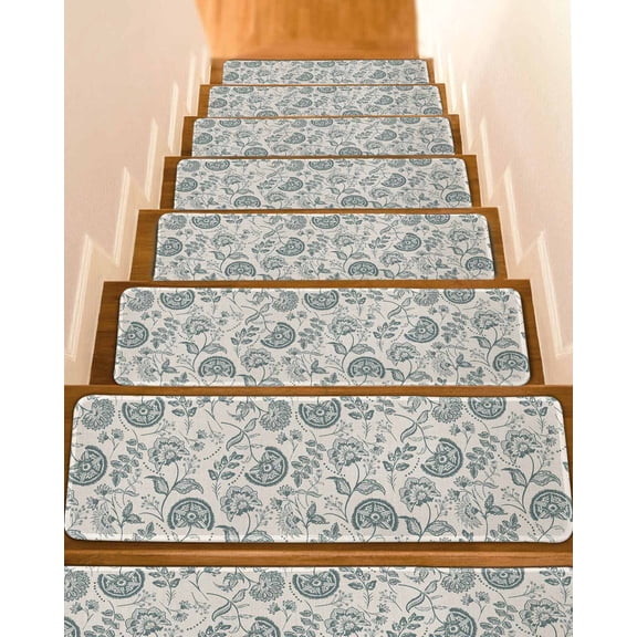 Retro Pastoral Non-Slip Stair Treads for Wooden Steps, 10 Pack 8x30 Inches Carpet Stair Mats with Adhesive Backing, Noise-Reducing Step Covers for Indoor Stairs, Easy to Install & Residue-Free