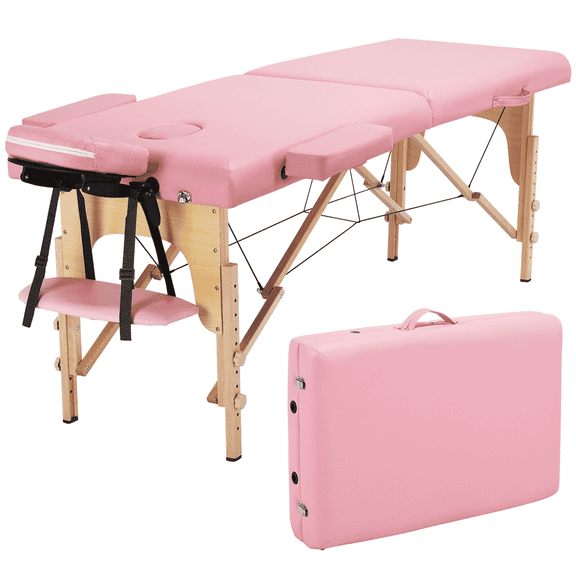 Topeakmart 2 Sections Adjustable Massage Table Folding Massage Bed with Headrest/Armrest/Hand Pallet Pink