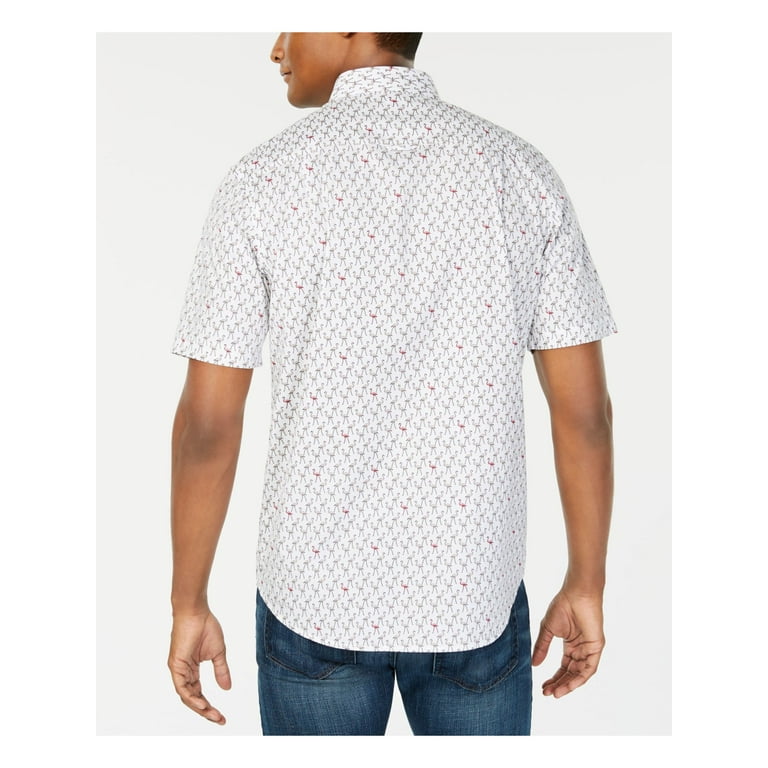 Club Room Mens Flamingo Print Short Sleeve Button-Down Shirt White