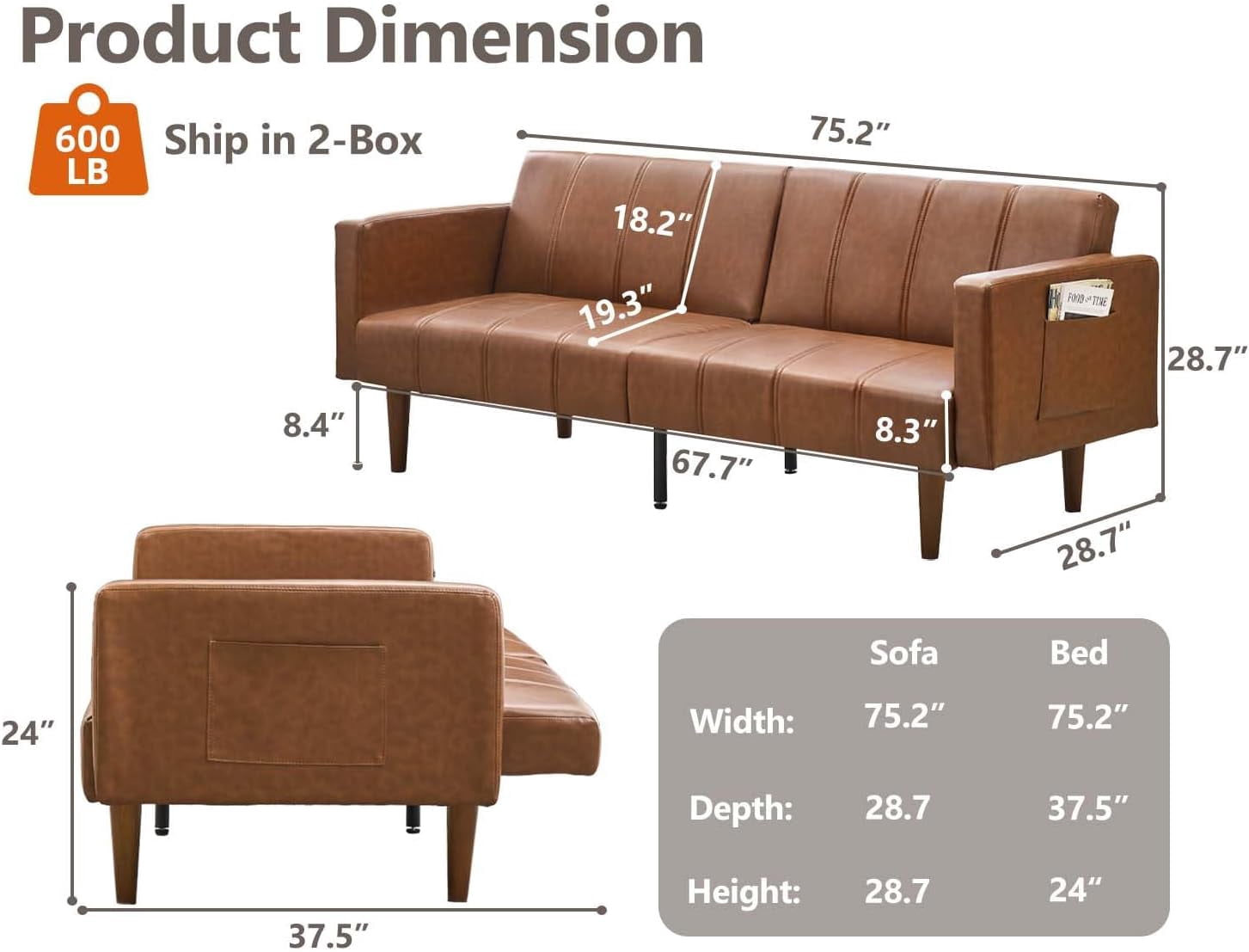 75 in Futon Sofa Bed - Convertible Sleeper Sofa with Adjustable Backrest - Loveseat Small Sofa Bed with Side Pockets - Mid Century Modern Futon Couch - Brown PU Leather Couch for Living Room