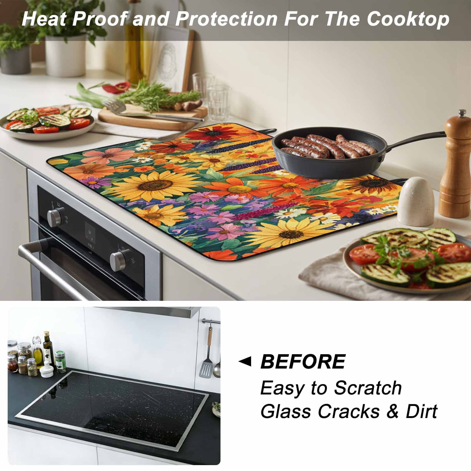 Colorful Flowers Stove Top Cover for Electric Stove, Heat-proof & Non Slip Glass Top Stove Cover Protector, Farmhouse Sunflower Daisy Kitchen Flat Cooktop Rubber Mat 24x21 Inches