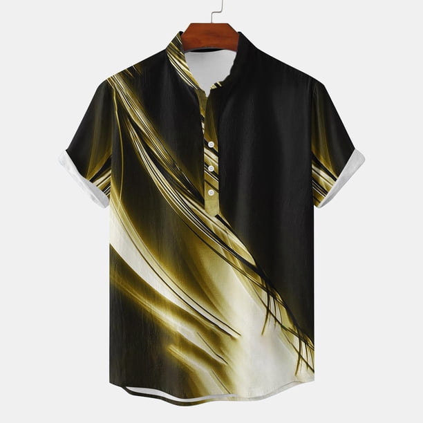 Blusa y camisa de manga corta con cuello alto para hombre, informal, a la moda, con estampado, de poliéster