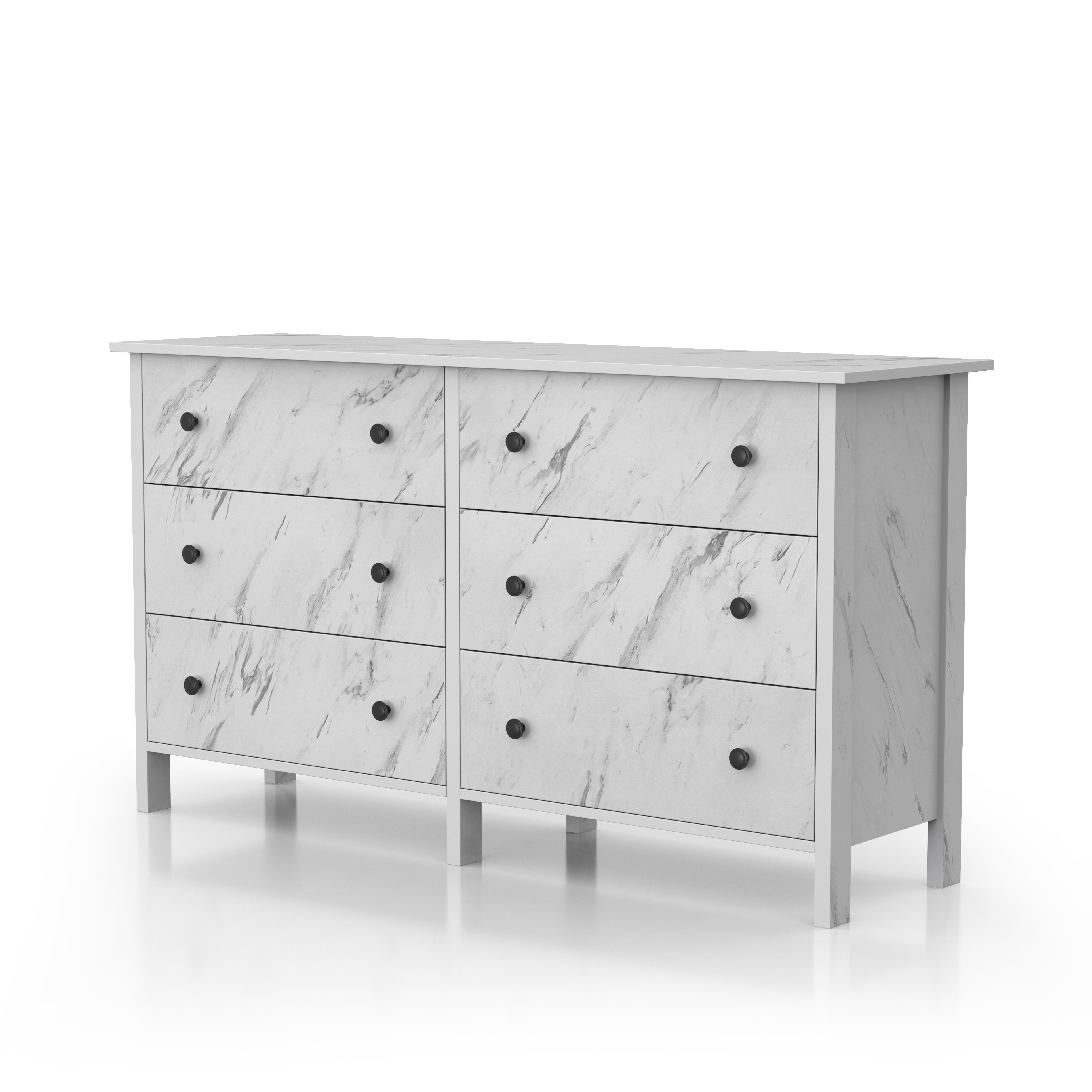Dora Indoor 6-Drawer Wood White Marble Dresser for Bedroom