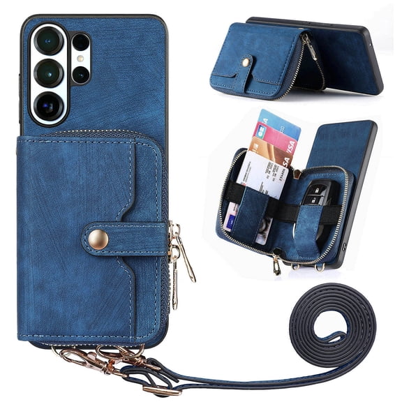 Wallet Case for Samsung Galaxy S26 Ultra, Adjustable Detachable Crossbody Zipper Purse Case with Card Holder & Kickstand, PU Leather Flip Folio Case for Samsung Galaxy S26 Ultra, Blue