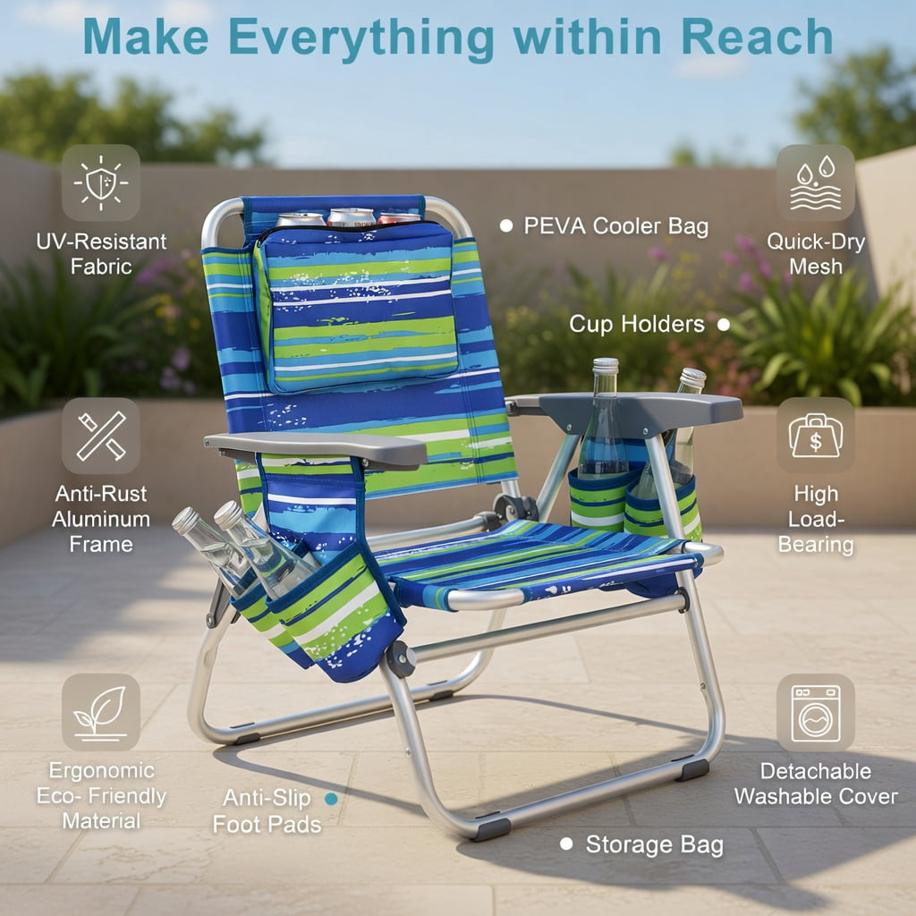 Hommoo 2-Pack Portable 5-Position Reclining Beach Chairs with Folding Side Table, Lightweight Aluminum Camping & Outdoor Chair Set, Blue
