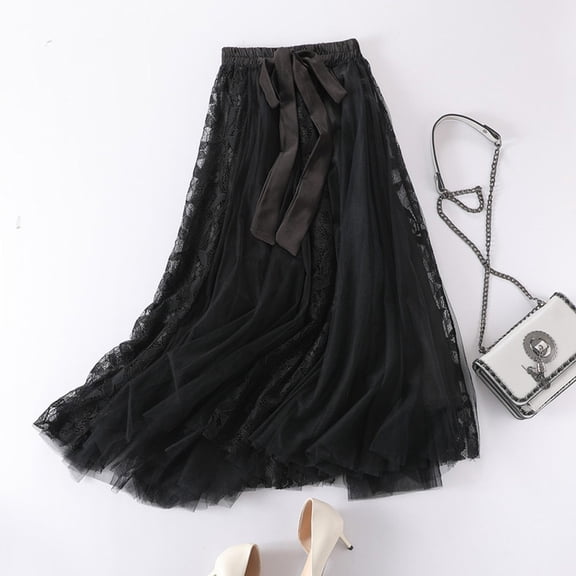 Idoravan Women's Basic Versatile Skirt Clearance Women Spring Summer Elastic High Waist Long Mesh Skirt Tutu Maxi Pleated