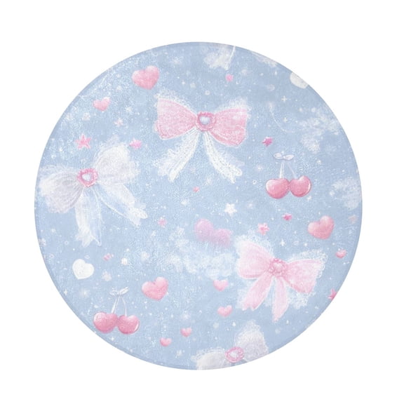 BZSMCE Pale Blue Bow Round Fluffy Area Rug 32.2in Non-Slip Circular Shaggy Rug