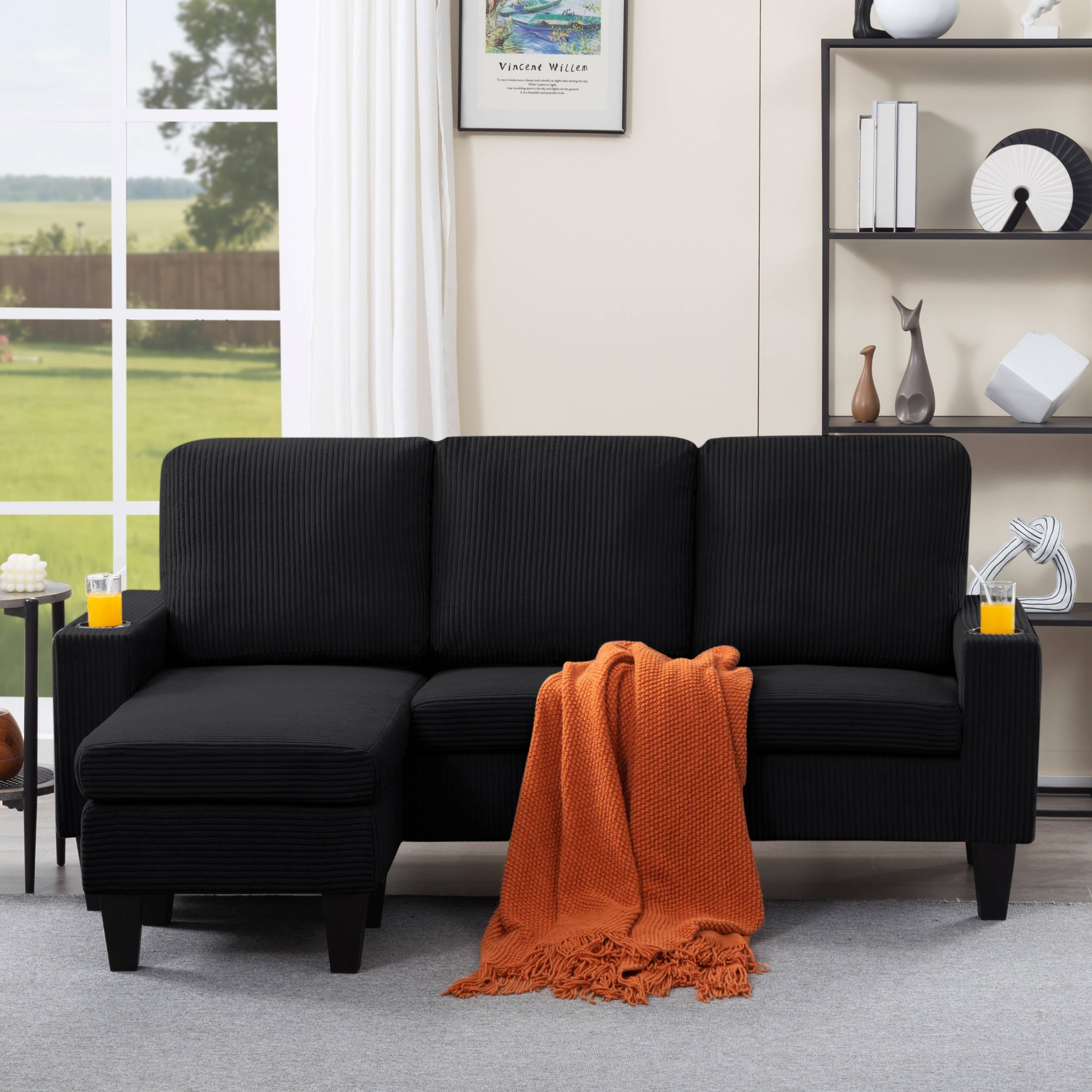 BSHTI 69.88 inch Modern Style Sectional L-Shaped Sofa Couch, 3-seater Sofa Couch with movable ottoman for Livingroom,Black