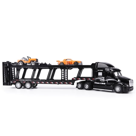 Riousery 1:48 Scale American Alloy Truck Transport Vehicle Model Toy with 2 Cars, Simulation Light and Sound Effect Classic Pull Back Carrier Cargo Truck Set, 13.8 x 2 x 2.8 inches / 35 x 5 x 7 cm