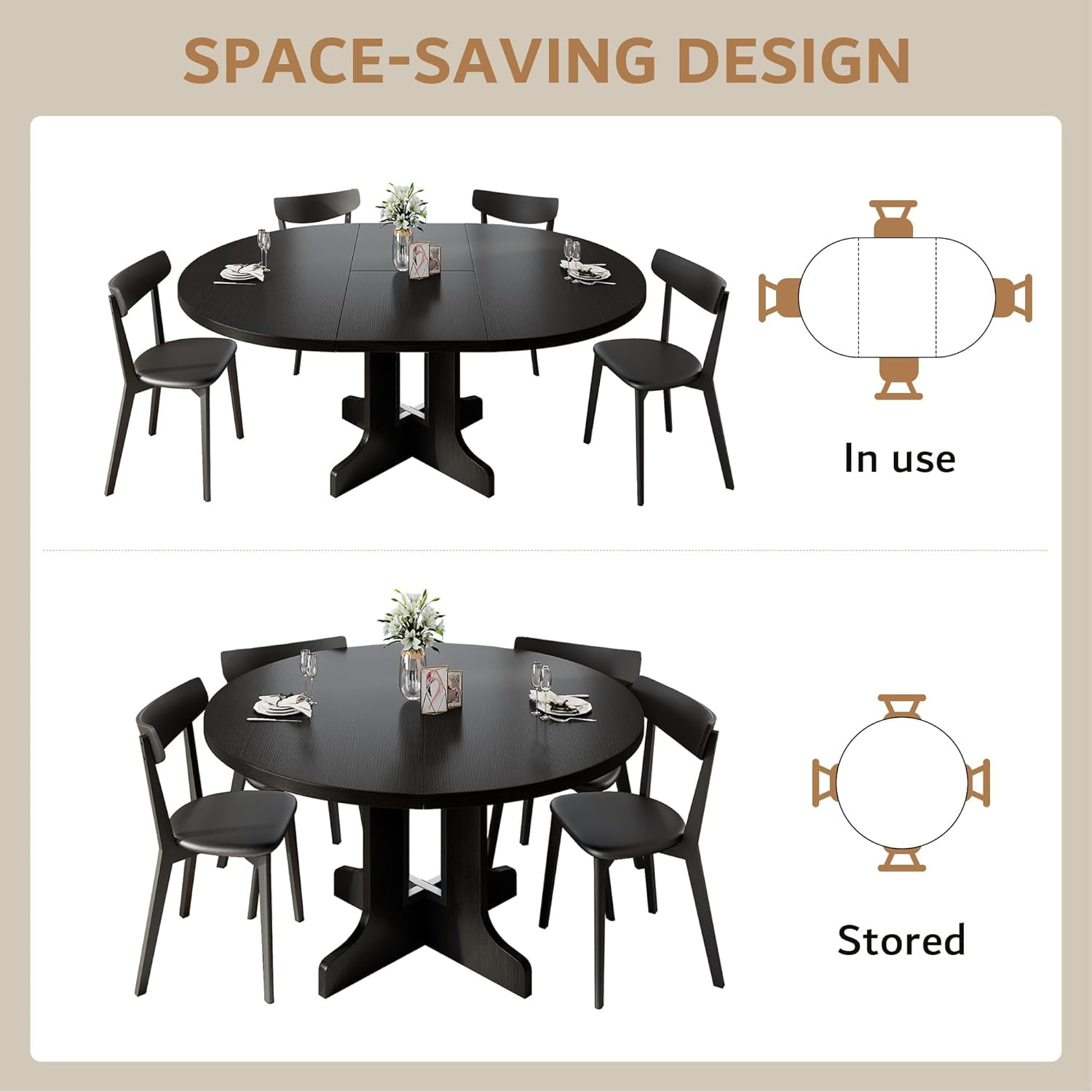 iPormis 59" Extendable Round Dining Table for 6, Modern Kitchen Table with Sturdy Wooden Base, Dining Room Table with Thickened MDF Board, Perfect for Small Space, Black