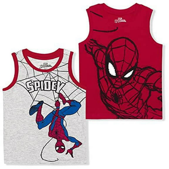 Spiderman Marvel 2 Pack Boy's Sleeveless Tee Shirt Set, Printed Undershirt for Kids, Red, Size 7