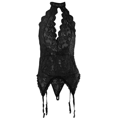 

Odeerbi Garter Set Lingerie for Women Fashion Sexy Fishnets Lace Flowers Hollow Halter Neck Mesh Thong Suit Black