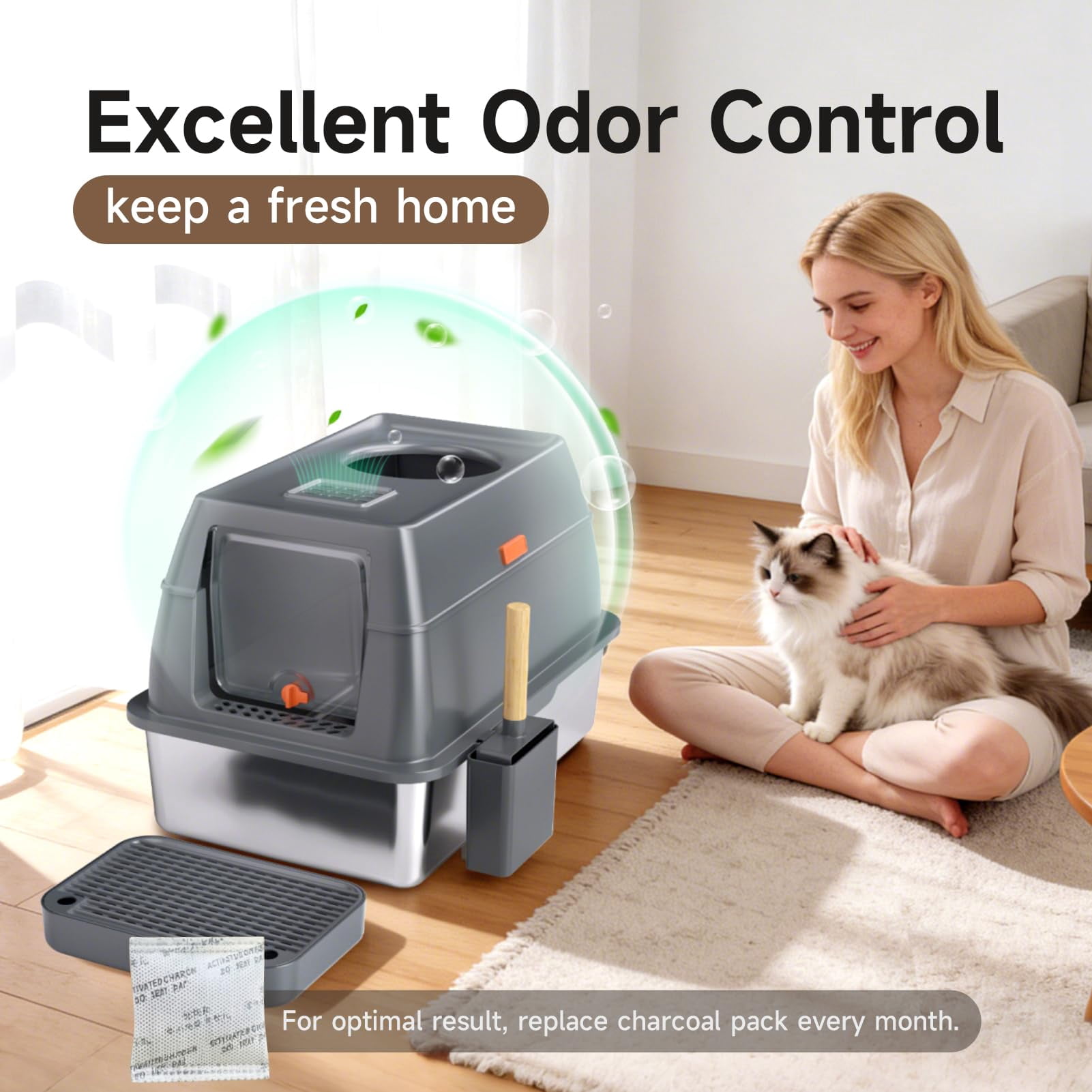 Extra Large Stainless Steel Litter Box With Lid  High Sided Enclosed Metal Cat Pan Dog Proof Front Entry Top Exit Odor Control Easy Clean Leak Includes Mat Scoop & Step Grey