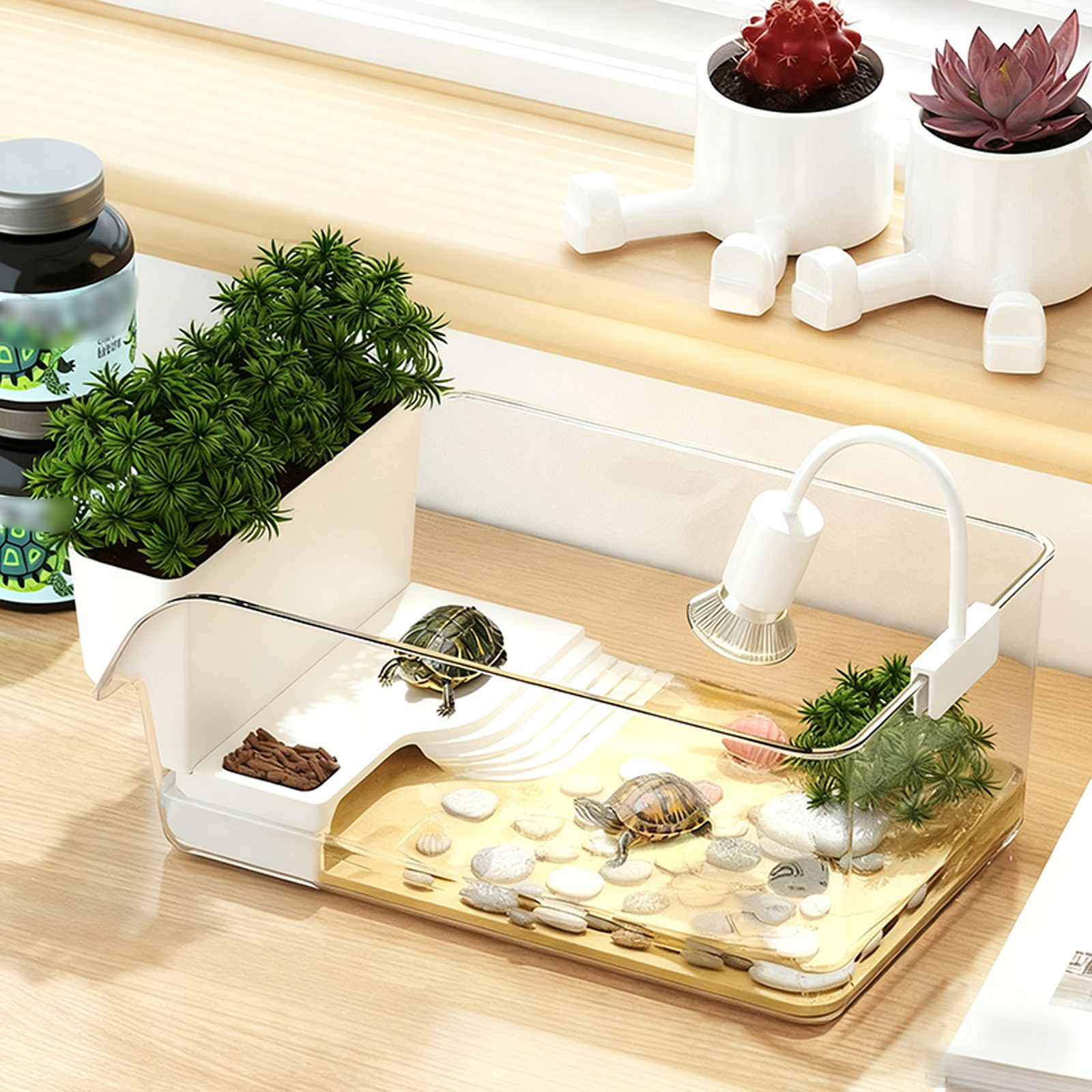 Semiaquatic Turtle Habitat Tank with Basking Platform and Vase Indoor Terrarium for Small and Amphibians