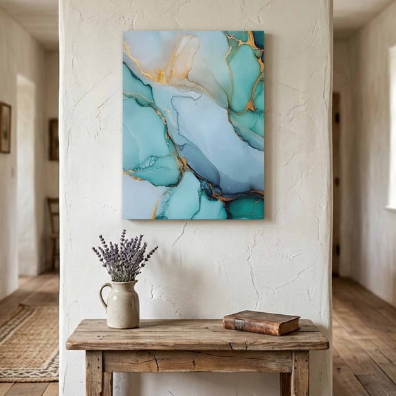 Ships Next Day Canvas Wall Art 24"x36", Turquoise Marble Wood Framed Canvas Print Painting, Farmhouse Abstract Ombre Texture Ready to Hang Large Picture Wall Decor for Home Bedroom Living Room Office