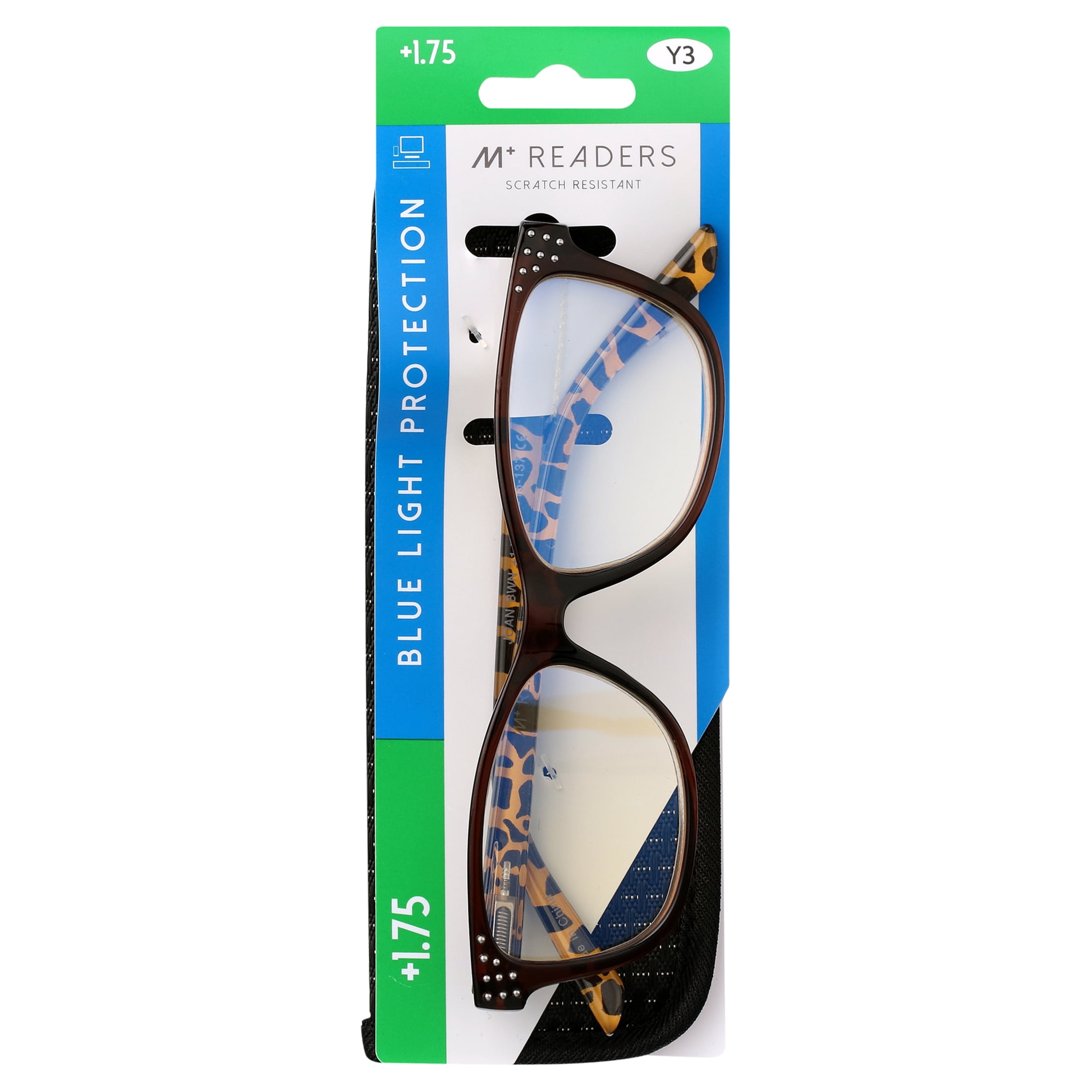 M Readers Women's Joan +1.75 Rectangle Reading Glasses with Case, Brown