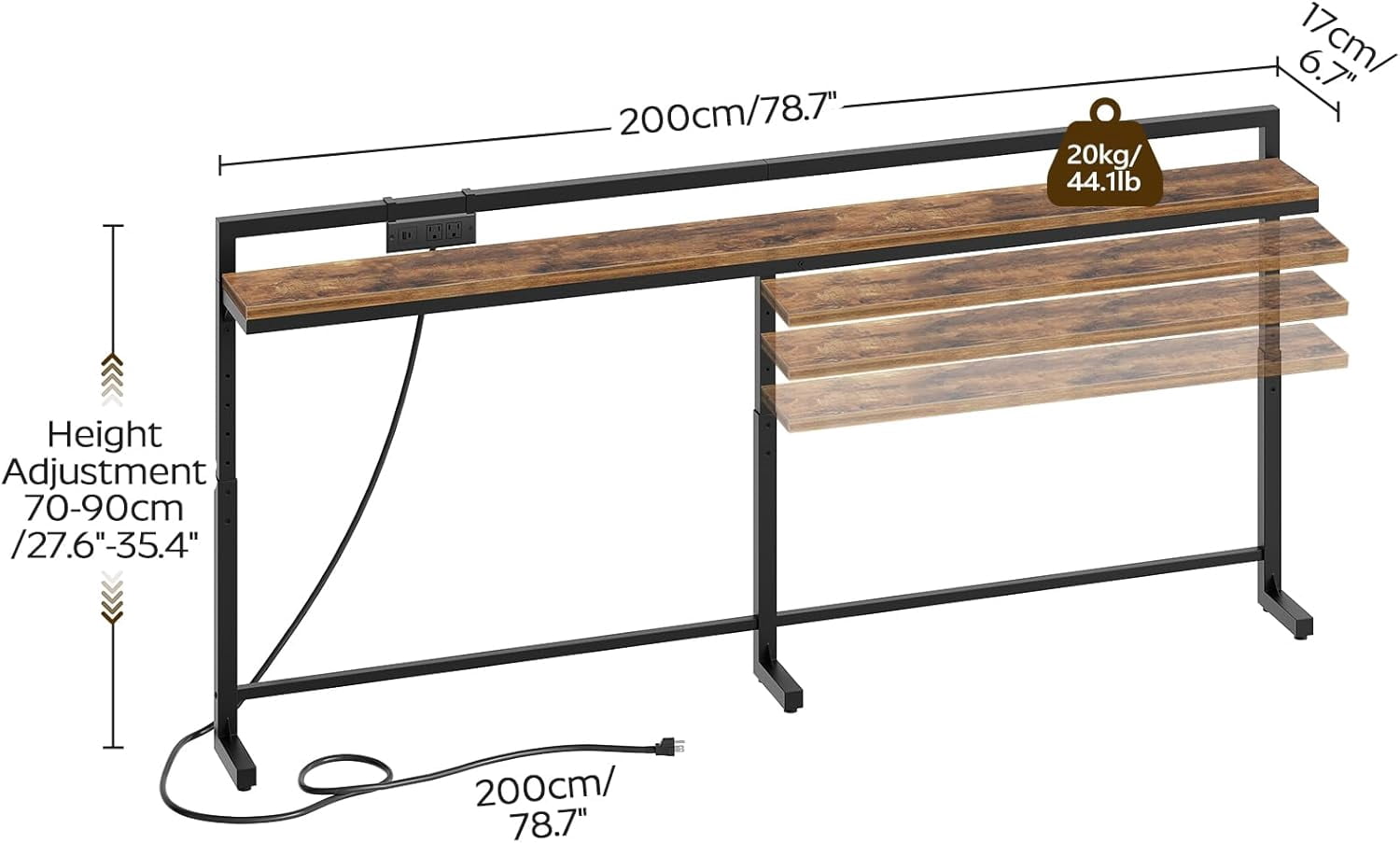 78.7'' Narrow Console Table Adjustable Height 27.6''-35.4'' with Outlet, Long Behind Couch Sofa Table Entryway Table Living Room Rustic Brown