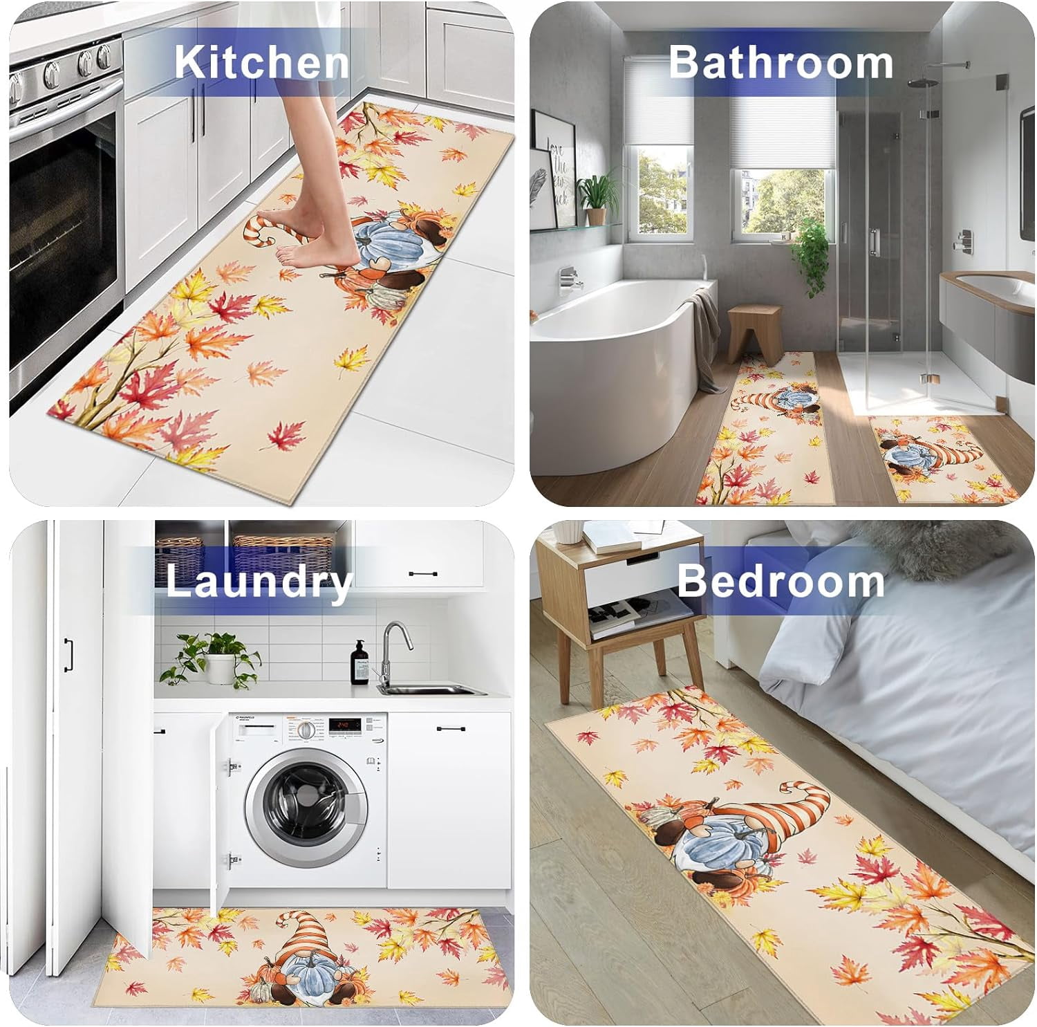 Farm Gnomes with Pumpkins Kitchen Rugs and Mats Non Skid Washable Floor Doormat, Autumn Harvest Maple Leaf Branch 2 Piece Comfort Sink Standing Rug Area Runner Non-Slip Rubber Backing Mat Orange