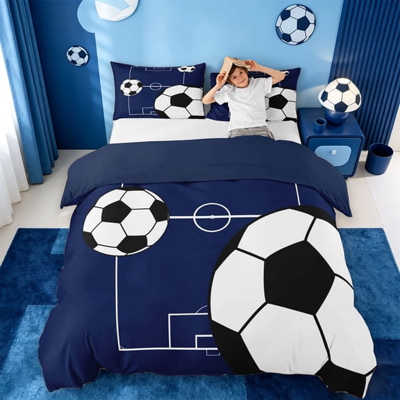 meiyoeat Football Ball Games Bedding For Boys,Soccer Sport Theme Duvet Cover Full For Kids,Navy Blue Reversible,3pcs(No Comforter)