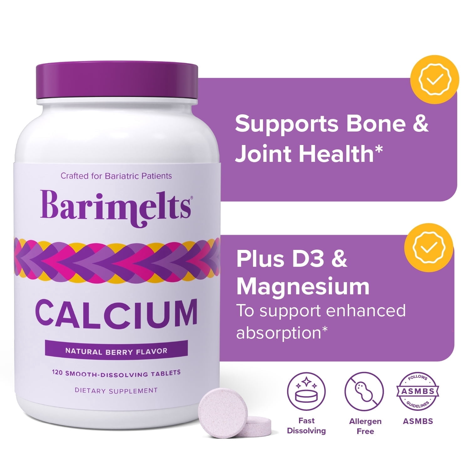 Barimelts Bariatric Calcium Citrate with Vitamin D3 & Magnesium, Fast-Melting, Berry Flavor, 120 Ct