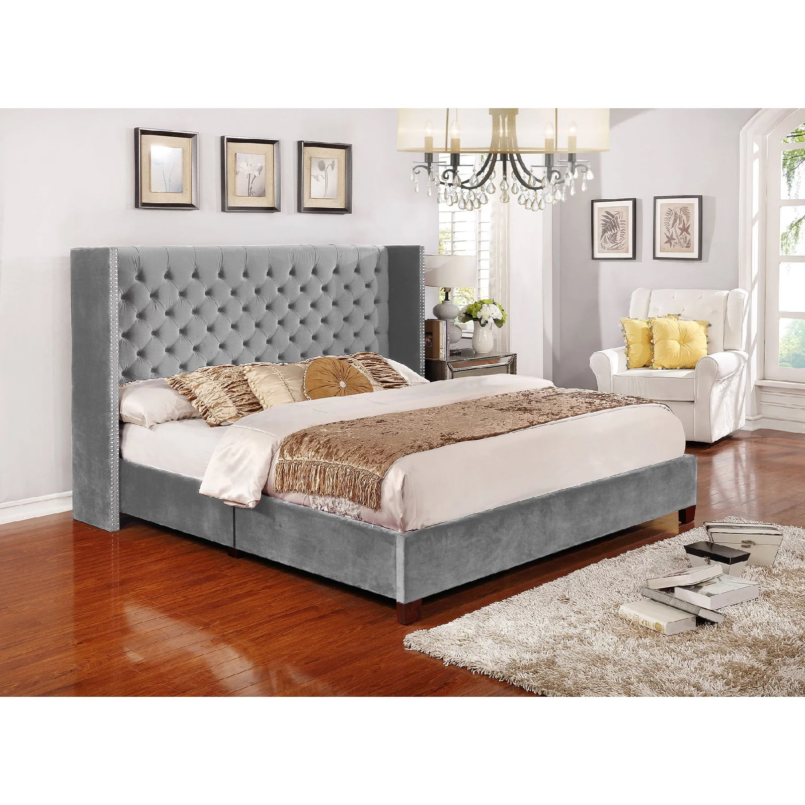 Nathaniel Home, King Upholstered Platform Bed Frame, Low Profile Deep Button Tufting Bed Frames, with Diamond Nailhead Trim Wingback Headboard, Gray
