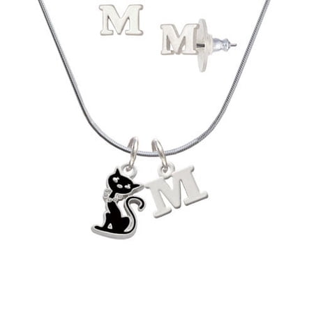 Black Sitting Cat – M Initial Charm Necklace and Stud Earrings Jewelry Set