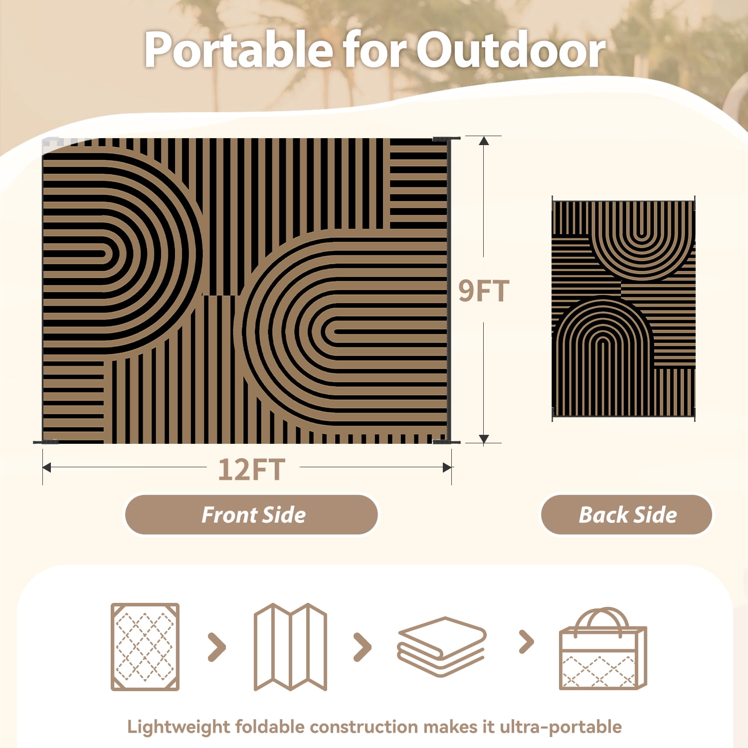VUNATE Outdoor Rug Carpet 9'x12' Waterproof Reversible Patio Rug Portable Boho Indoor Outdoor Rug Plastic Straw Rug for Beach RV Camping Garden Picnic Deck Backyard Modern Porch Decor Black and Brown