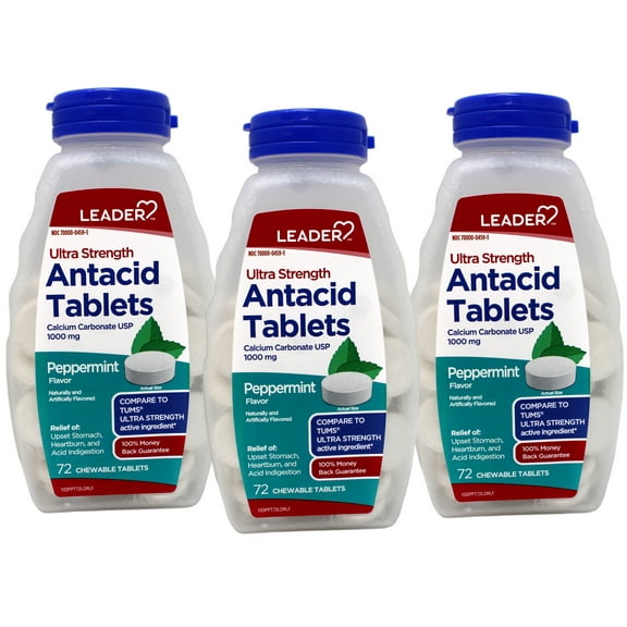 3 Pack - Leader Antacid Ultra Strength Chewable, Fast Heartburn & Indigestion Relief, Acid Reflux, Upset Stomach, Calcium Carbonate 1000mg, Peppermint, 72 Count