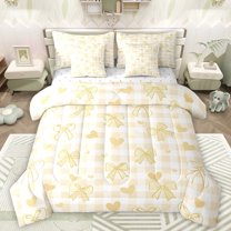 Manfei Cartoon Bow-tie Ribbon Twin Bedding Sets 7-Piece, Yellow Love Heart Bedding Comforter Set, Modern Fashion Plaid Reversible Sheet Sets, Luxury Bedroom Decor