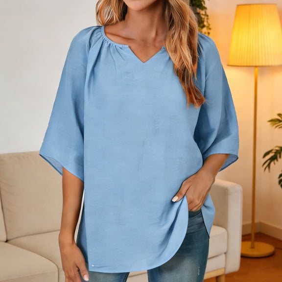 Xuyuer Womens 3/4 Sleeve Tops Linen Shirts V Neck Casual Loose Fit Blouses Boho Fashion Bohemian Blouses Casual Loose Fit Tunic Tops Vacation Clothes Print Summer Blouses Shirts