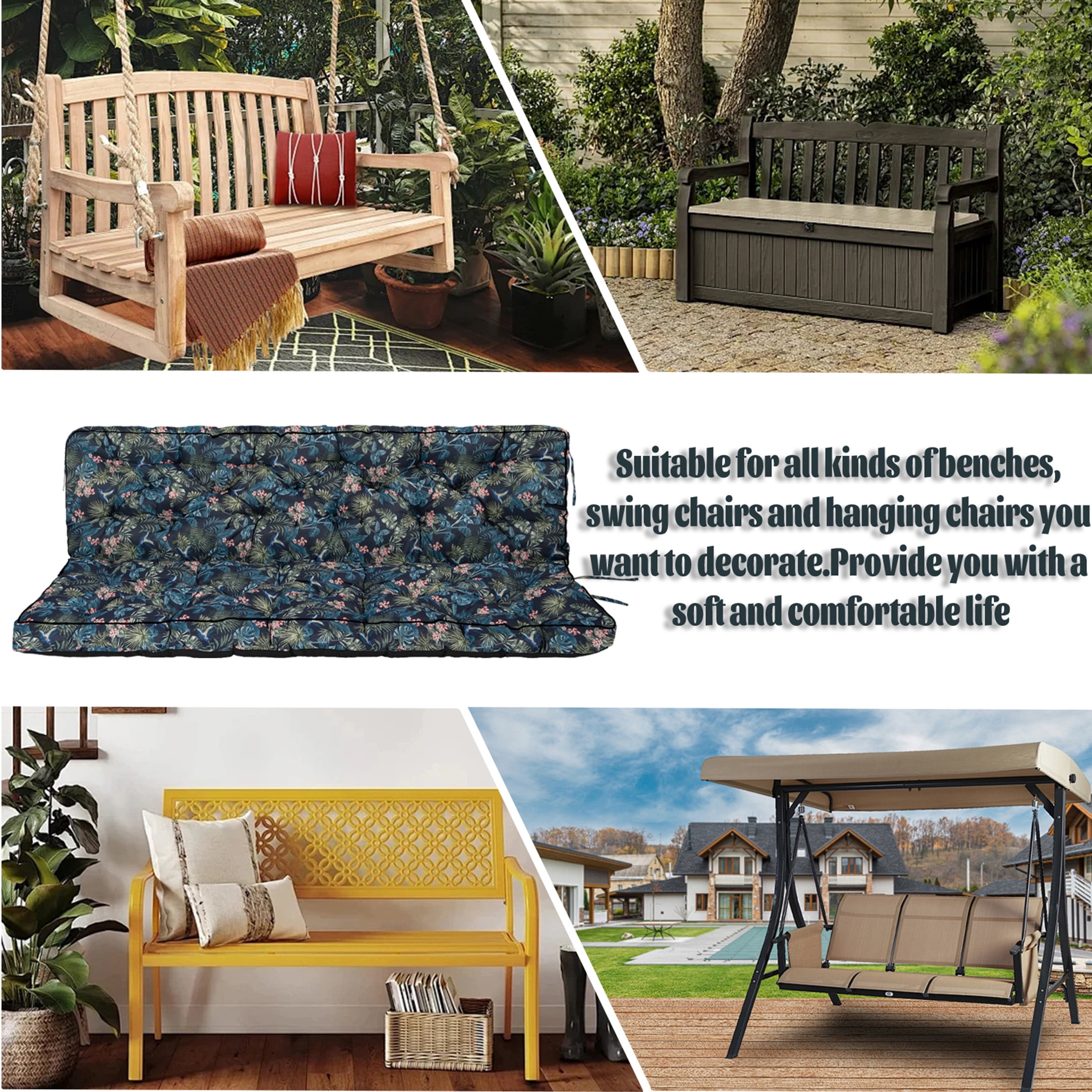Porch Swing Cushion Thicken 4", 63" Swing Cushions 2-3 Seater Replacement, Waterproof Bench Cushions with Backrest, Anti-Fading Patio Swing Chair Pads for Outdoor Garden Furniture