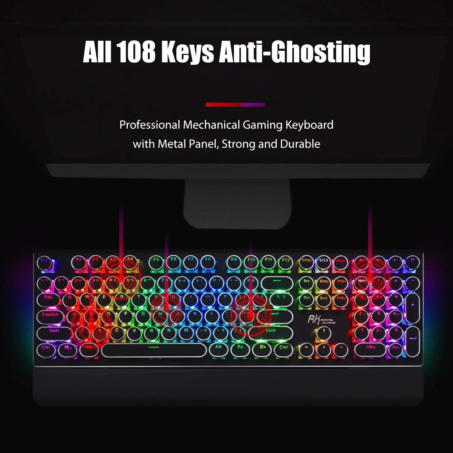 Typewriter Keyboard, Retro Mechanical Gaming Keyboard Wired 108 Keys with RGB Backlit Sidelight, Detachable Wrist Rest, Round Keycaps Blue Switches - Black