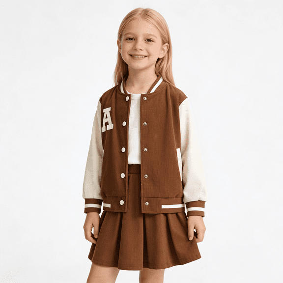 Fdqin Girls Skirt Set 2 Piece Outfits Button up Jacket Sweatshirt and Pleated Mini Skirts Fall Winter Clothes Brown 9-10 Years