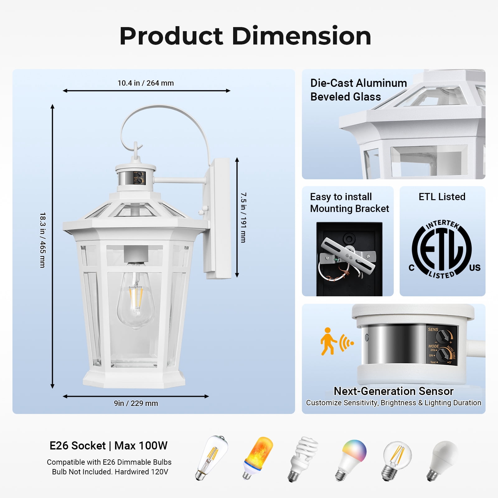 VIANIS Large Motion Sensor Outdoor Light fixtures Wall Mount, 100% Aluminum Dusk to Dawn Outdoor Wall Lantern, White Waterproof Exterior Lighting Fixtures for Patio, House